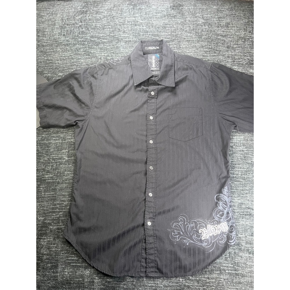 Billabong Button Down Shirt Men L Black Short Sleeve Graphic Embroidered Striped